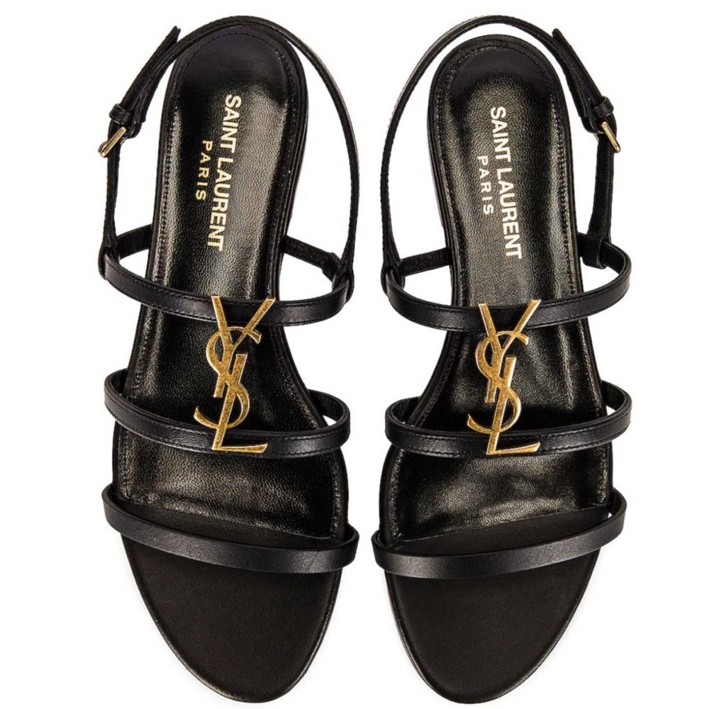 Saint Laurent Black Leather YSL Logo Strappy Sandals with Gold Hardware.